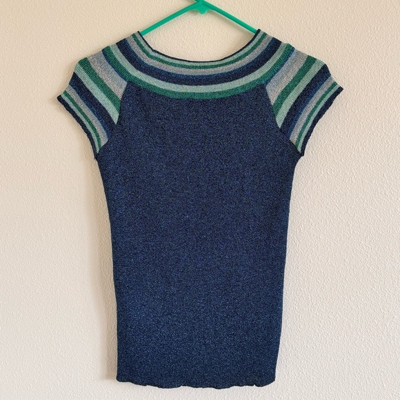 Vintage 1970s Cardigan Set Metallic Knit Lurex Blue Green Silver EUC Renée Tener - Picture 3 of 9